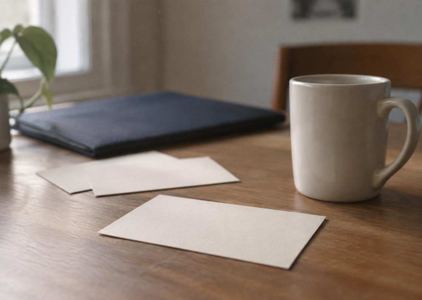 Tomma papperskort, en mapp i djupblått och en kaffemugg på ett byråbord i mjukt fönsterljus.
